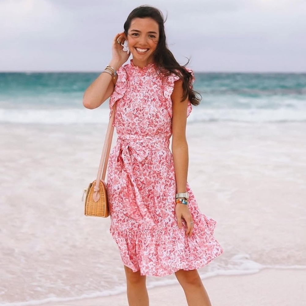 Banjanan Pink Floral Belted Flutter Sleeves Cotton Short Dress